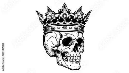 Intricate black and white illustration of a skull adorned with a regal crown emphasizing mortality