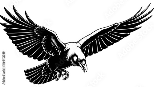 Stylized black and white illustration of a soaring eagle with detailed wing feathers emphasizing