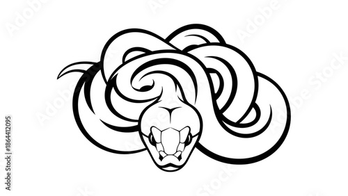 Bold Line Art Depiction of a Menacing Snake Head Emerging from Coiled Writhing Lines for Graphic