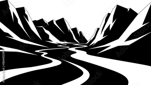 Minimalist Black and White Mountain Landscape with Winding River for Scenic Nature Illustration