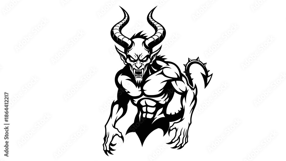 Fototapeta premium Mythical demon creature with exaggerated muscular build and intimidating horns in bold black and