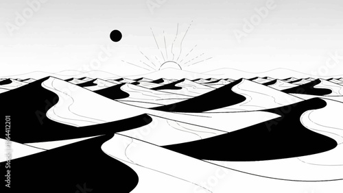 Minimalist black and white abstract landscape of rolling dunes with rising sun and celestial body