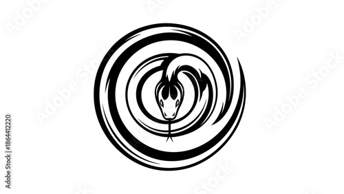 Minimalist black and white abstract serpent illustration with concentric circles
