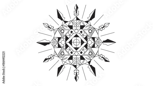 Intricate geometric snowflake design with symmetrical patterns and sharp lines for digital art or