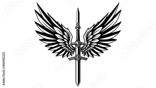 Mythical Warrior with Outstretched Winged Armor and Glowing Sword in Epic Fantasy Scene