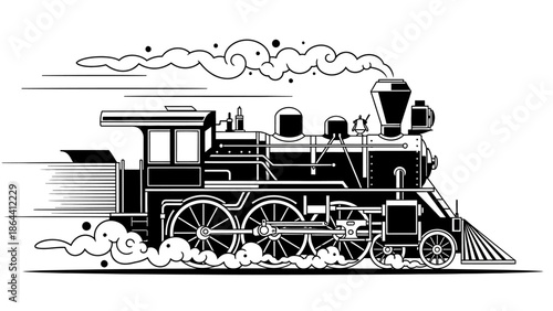 Classic steam locomotive depicted in a minimalist black and white line drawing emphasizing vintage