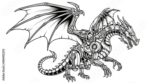 Intricate robotic dragon illustration emphasizing mechanical design and fantasy fusion