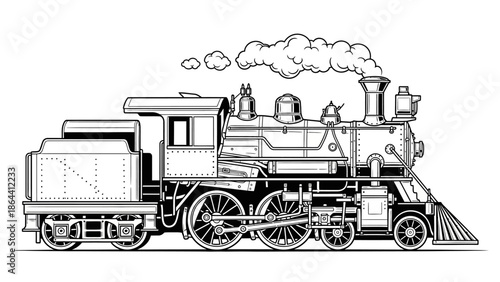 Detailed black and white line drawing of a vintage steam locomotive with smoke emanating from its