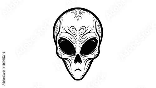 Intricate black and white skull tattoo design with floral and ornamental details reflecting