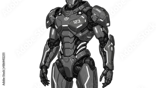 Futuristic armored humanoid robot with sleek design and digital detailing showcasing advanced