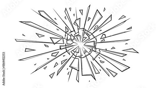 Abstract shattered glass pattern with radiating shards and geometric fragments on white background