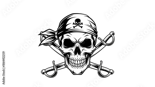 Dark and menacing pirate skull with crossed daggers and a bandana featuring a skull emblem