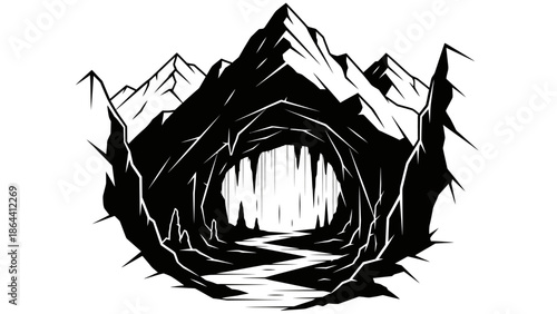 Illustration of a dark mountain cave opening with jagged edges and an ominous interior scene