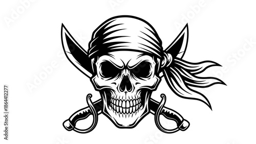 Menacing pirate skull illustration with crossed cutlasses and flowing bandana design for adventure