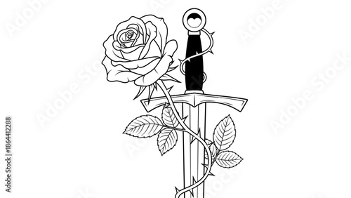 Elegant Line Art Combining a Romantic Rose with a Classic Dagger Symbolizing Love and Strength