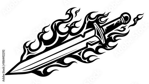 Dynamic black and white illustration of a flaming sword with intricate flames and sharp blade