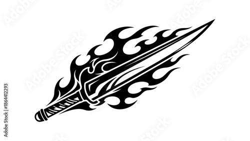 Dynamic flaming sword illustration with fiery trail emphasizing power and motion in a sleek