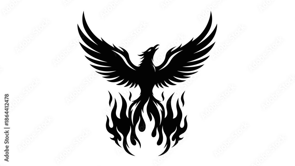 Obraz premium Stylized mythical bird silhouette with expansive wings and fiery tail representing freedom and power