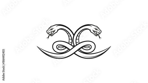 Symmetrical black and white illustration of dual-headed serpents intertwined with flowing lines