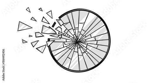 Abstract shattered glass depiction with dynamic fragment dispersion and circular pattern design