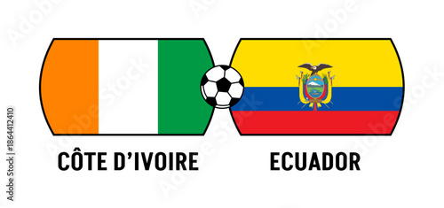 Flags of Côte d’Ivoire and Ecuador for an international football match. Concept of a world football competition in 2026.