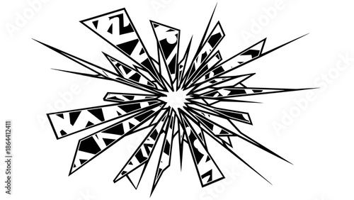 Abstract black and white shattered geometric explosion with dynamic lines and fragmented patterns