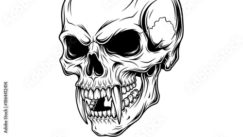 Dark Gothic Skull Illustration with Menacing Features and Sharp Fangs In a Black and White Ink Style