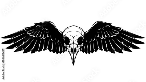 Black and White Illustrative Artistic Rendering of a Skull with Bird Wings Element Design