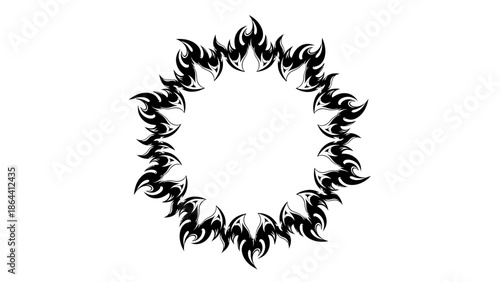 Intricate black tattoo-inspired circular flame design with sharp edges and dynamic flow