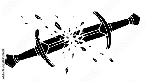 Iconic depiction of a broken sword symbolizing conflict and destruction in minimalist black and