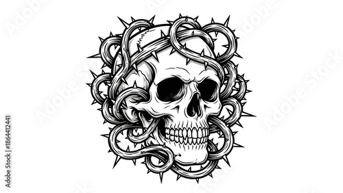 Intricate black and white illustration of a human skull entwined with coiled serpents and spiked