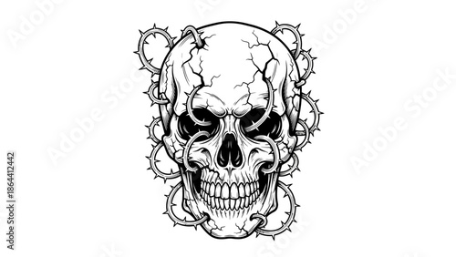 Intricate black and white skull illustration with cracked surface and barbed wire details
