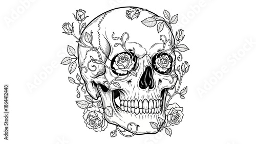 Intricate black and white illustration of a human skull adorned with delicate roses and winding
