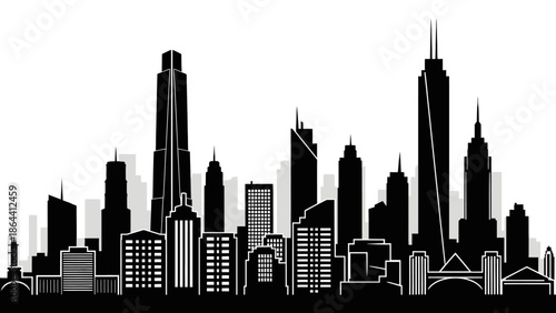 Silhouette of a modern city skyline featuring diverse skyscrapers and high-rise buildings in