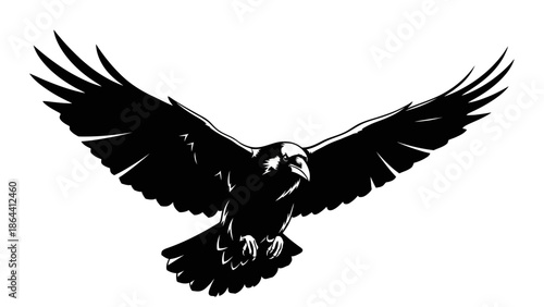 Dynamic black and white illustration of an eagle in mid-flight with outstretched wings and intense
