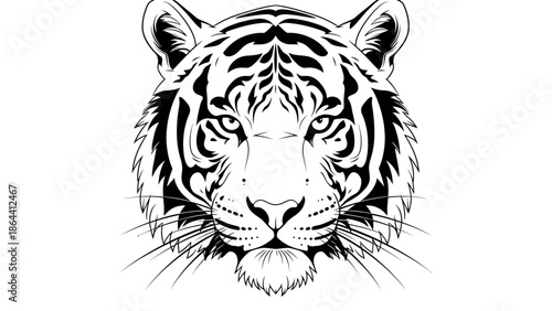Minimalist Black and White Illustration of a Majestic Tiger's Face with Intricate Stripes and
