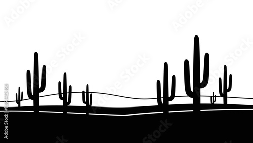 Minimalist black and white desert landscape featuring silhouetted cacti and rolling ground