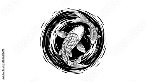 Black and White Artistic Fish with Dynamic Water Whirlpool Design for Visual Impact