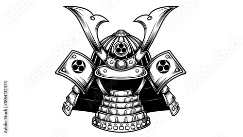 Intricate black and white illustration of a fantastical armored warrior with multiple weapons and