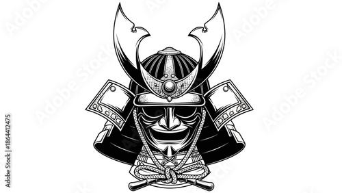 Intricate black and white illustration of a samurai warrior wearing traditional armor and helmet