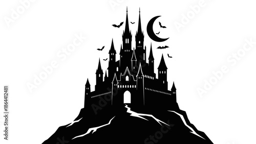 Gothic Castle Silhouette with Bats, Moon, and Night Sky Creating a Spooky Atmosphere