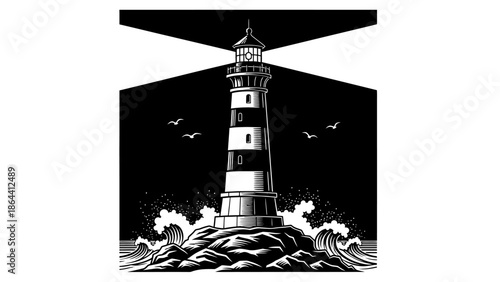 Minimalist black and white illustration of a lighthouse standing on rocky coastline with waves