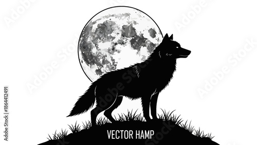 Silhouette of howling wolf in front of full moon on grassy hill at night minimalistic art design