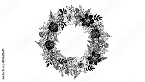 Elegant monochrome floral wreath featuring roses lilies and intricate foliage design for