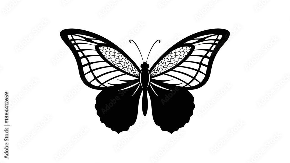 Fototapeta premium Elegant black silhouette of a butterfly with detailed wings showcasing intricate patterns and