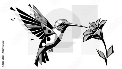 Stylized geometric hummingbird feeding on a flower in monochrome design perfect for modern nature