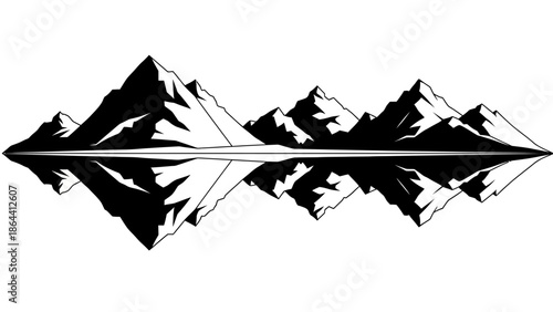Minimalist Black and White Mountain Range Reflection Illustration for Nature Enthusiasts