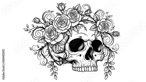 Intricate black and white skull illustration adorned with detailed roses and flowing foliage