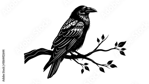 Elegant monochrome illustration of a bird perched on a delicate branch with leaves in detailed