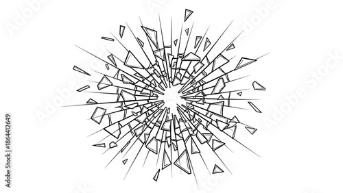 Abstract shattered glass pattern with dynamic geometric fragments radiating outward in monochrome